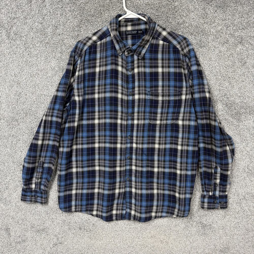 Faded Glory Flannel Button Down‎ Shirt Mens XL Blue Gray Plaid Workwear Academia